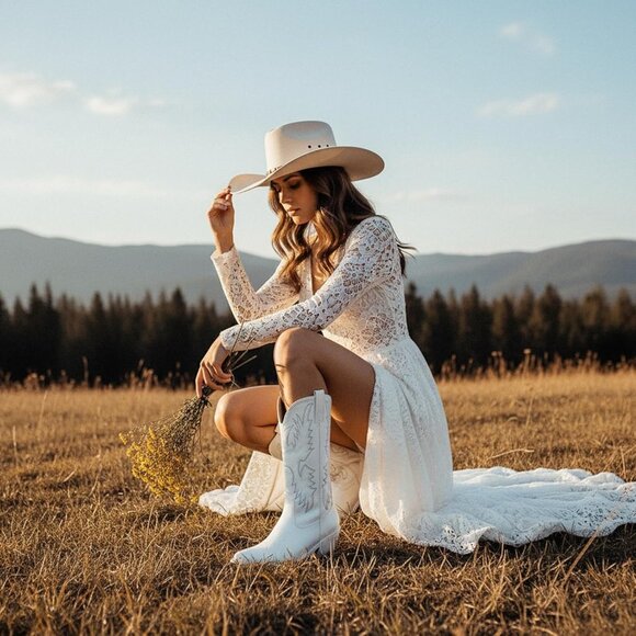 Women's White Western Cowgirl Boots Classic Pull On Pointy Toe Mid Calf - Picture 2 of 7